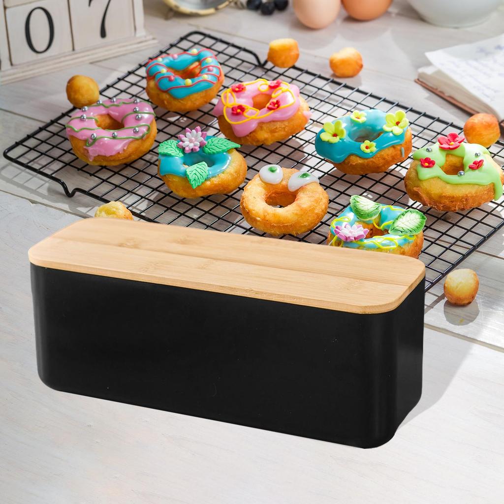 Rectangular Bread Box with Wooden Lid Multipurpose Storage Container Organizer for Kitchen Countertop Fresh Baked Goods
