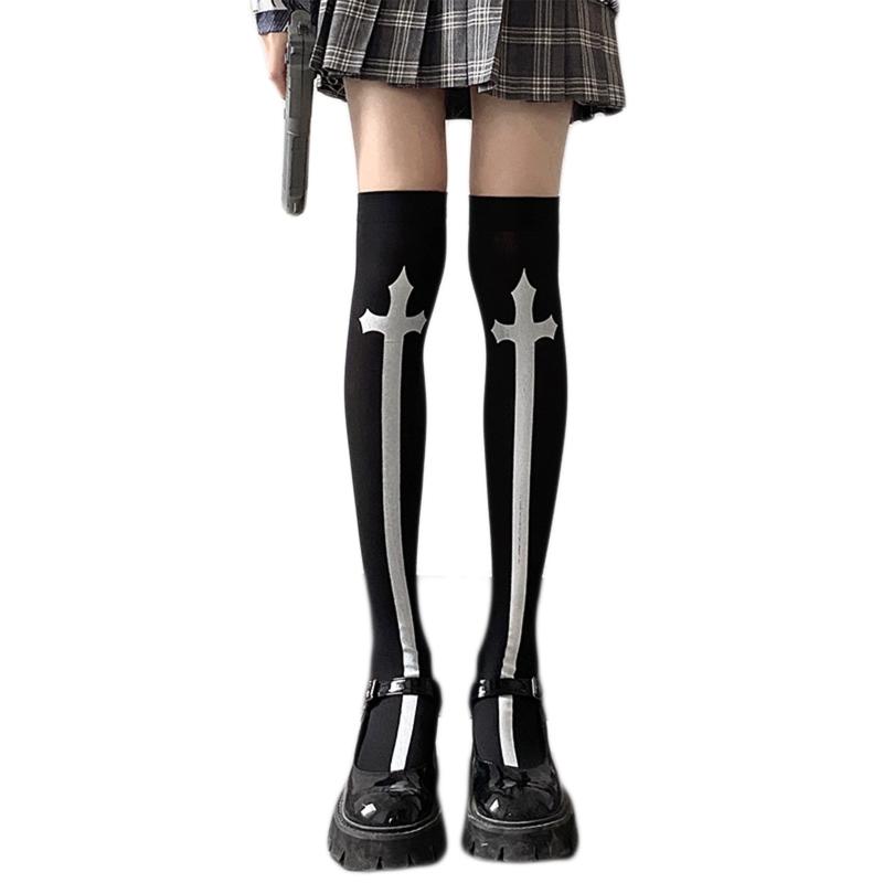 Damen Oberschenkelhohe Socken Halloween für Cross Sword Strümpfe Kniehohe Socken Atmungsaktive Baumwollsocken Gothic Kostüm Requisite