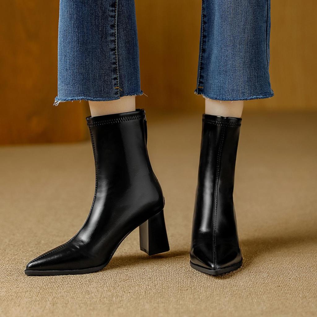 Winter 2025 Fashion: Women's Pointed Toe Chunky Heel Ankle Boots - Soft Leather, Comfy, Elastic Fit with Back Zipper