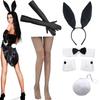 Adult Rabbit Ear Headband+Wrist Cuffs with Long Glove&Fish Net Stocking Set Easter Necktie for Woman Festival Gift