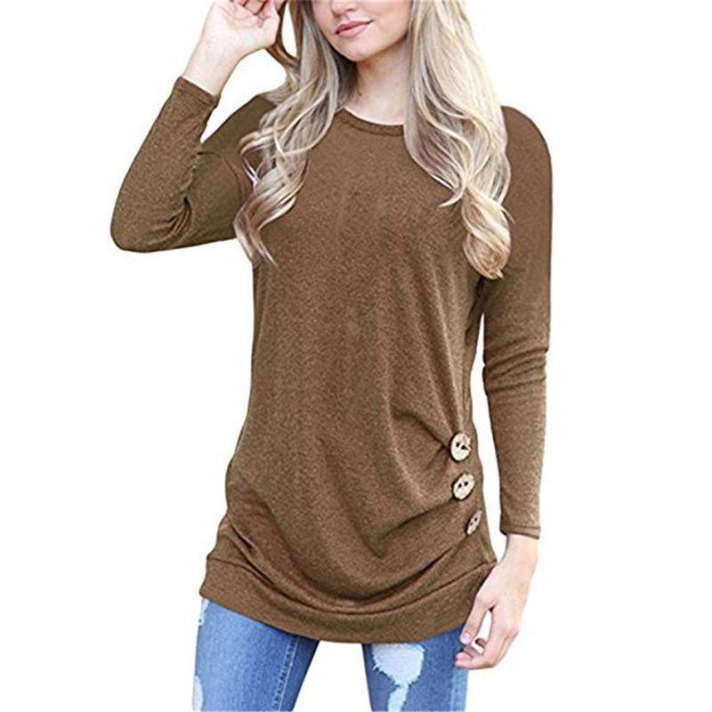 Fashion Women Long Sleeve Casual Blouse Stylish Tunic With Brown Button Accents
