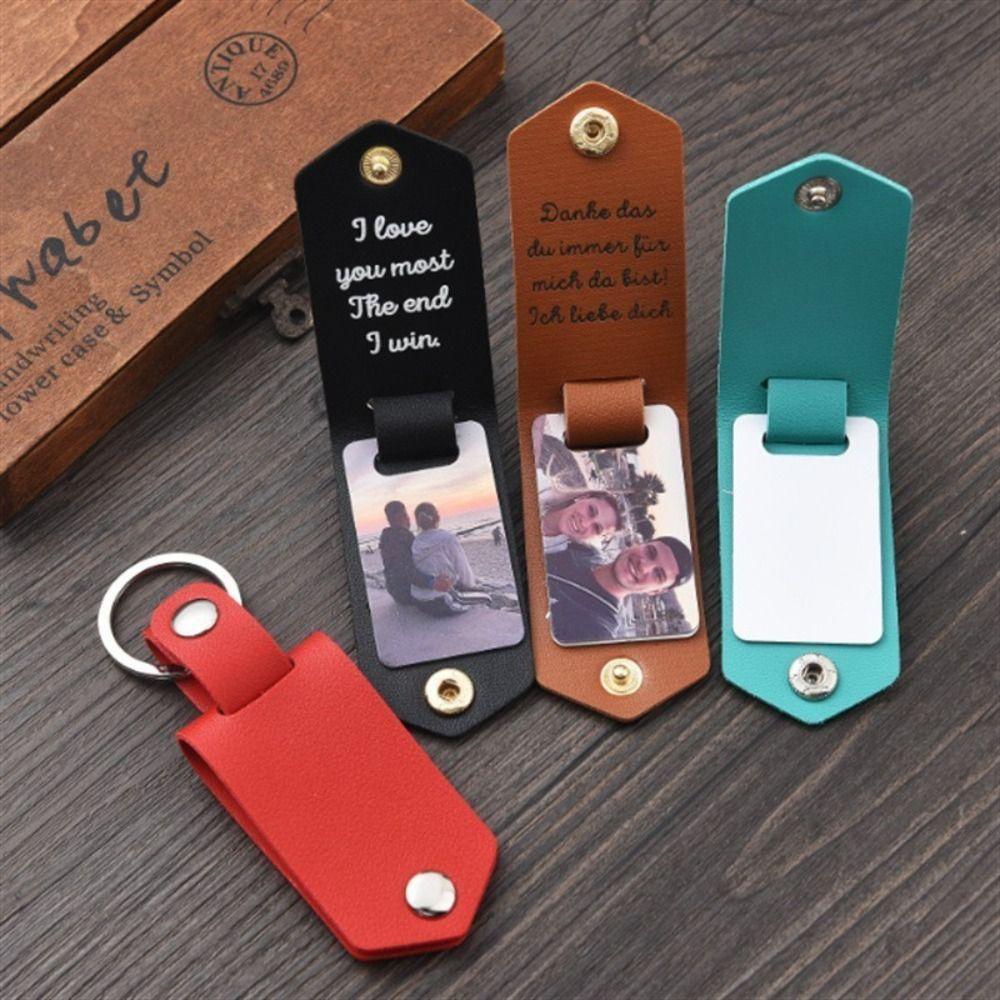 Engraved Design PU Leather Key Cover Memorial UV Color Printing Keychain  Wedding Gift