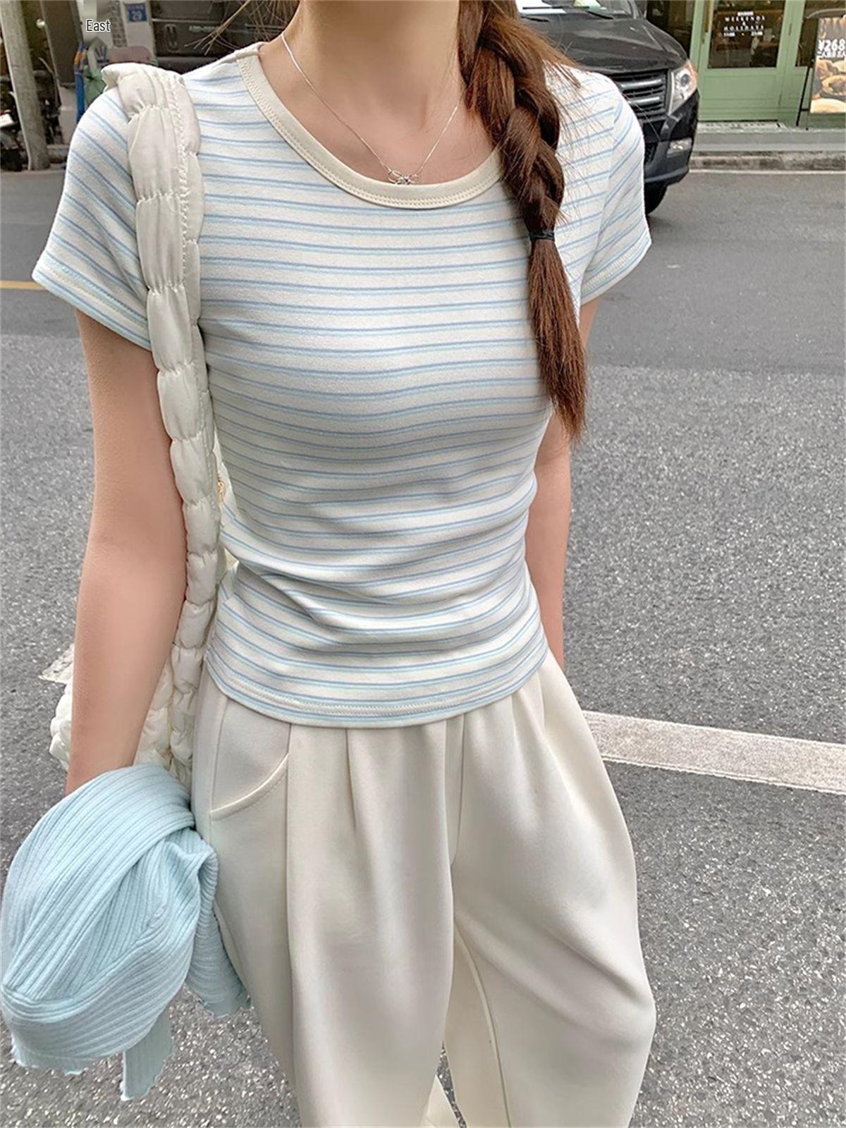 

Women s Japanese Minimalist Blue & White Striped Slim Fit T-Shirt - Summer Short Sleeve, Round Neck, Age-Reducing Fashion. S (Premium Quality) светло-синий