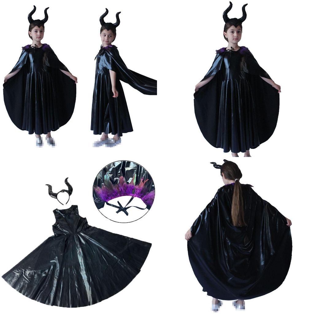 Faszinierendes Maleficent Zauberin Böse Königin Mädchen Kostüm für Halloween mit gehörntem Kopfschmuck