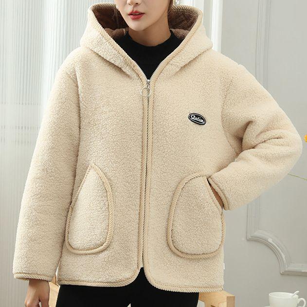 Autumn and Winter Plus Velvet Jacket, Hooded Top, Warm Granular Velvet Plus Size Women's Cotton Coat