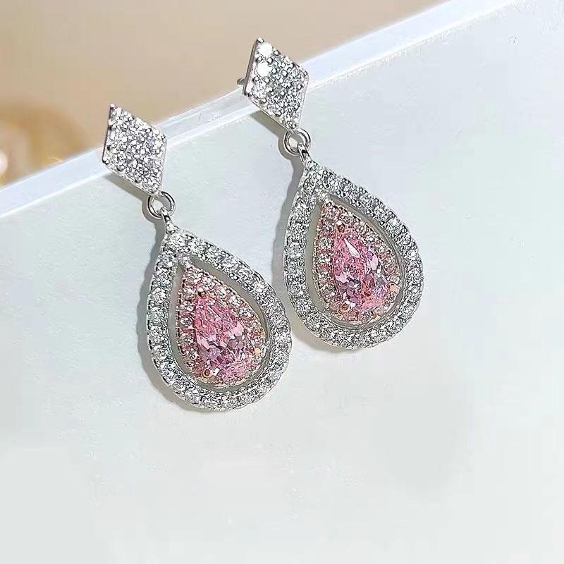Hui Zhi Yi 2023 Elegant Pear-Shaped Pink Diamond 4x7mm Earrings in 925 Silver