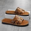 Men Slippers Handmade Simple Flats Brown Leather Sandals Black Summer Roman Sandals Open Toe Beach Shoes Plus Size