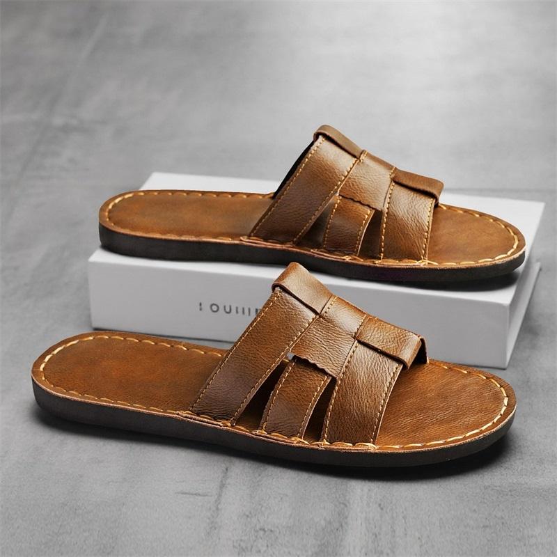Men Slippers Handmade Simple Flats Brown Leather Sandals Black Summer Roman Sandals Open Toe Beach Shoes Plus Size