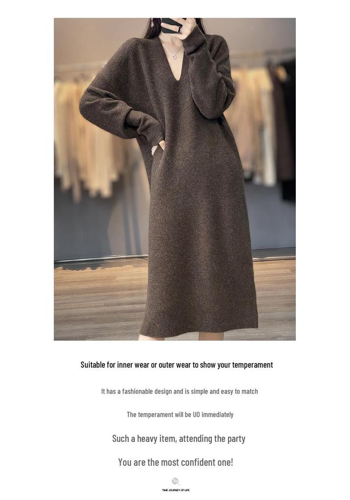 Abito-Maglione in Maglia di Cashmere a Manica Lunga con Scollo a V Slim Fit per Autunno e Inverno