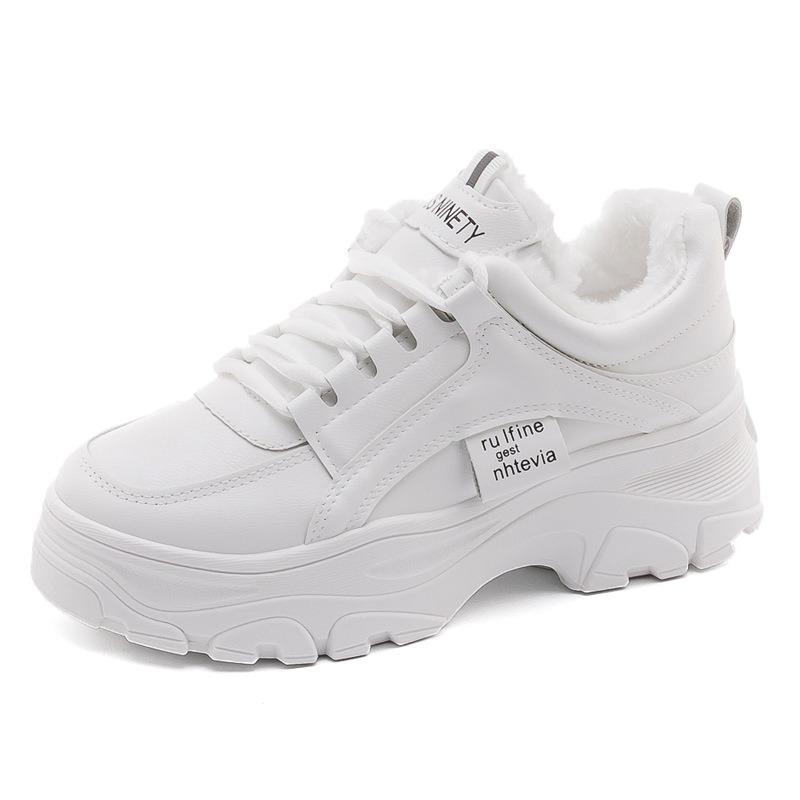 Fleece și mai groase, calde, pentru femei, versatili de iarnă, pantofi sport noi, pantofi de bumbac albi mici cu tălpi groase mai înalte