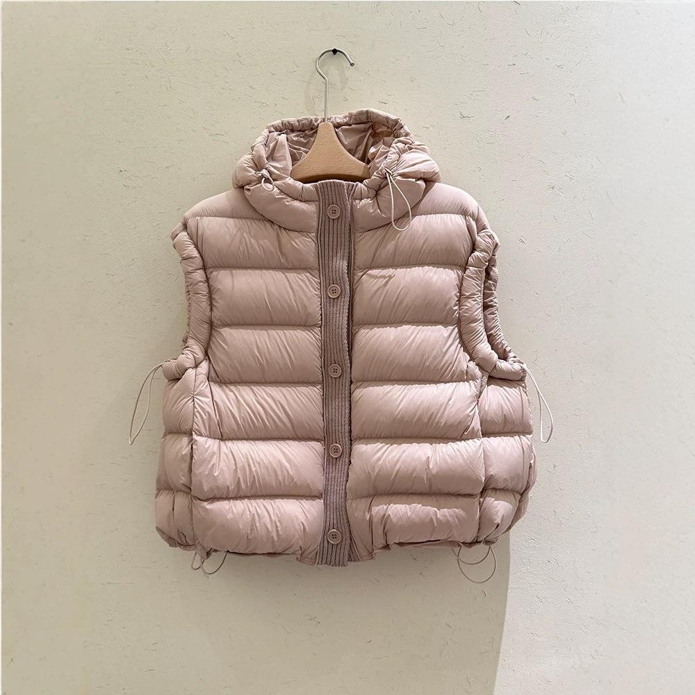 Down vest women's short winter thickened hooded white duck down jacket knitted splicing to keep warm