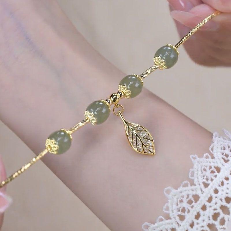 Golden Branch Jade Leaf Bracelet for Women, Hetian Jade Rabbit Zodiac Year Bracelet, Christmas New Year