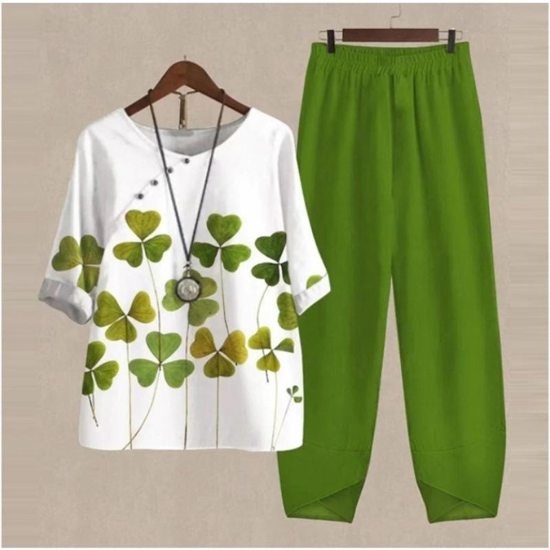 Sommer Lässige Zweiteiler Damen Locker Kurzarm T-Shirt High Waist Hose Print Outfits Damen Elegant Vintage Oberteil Hosenanzug