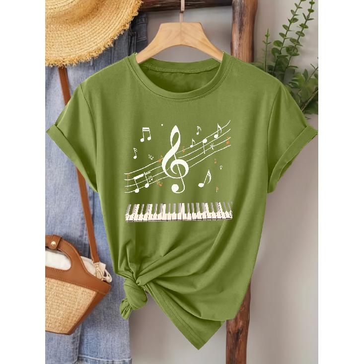Women s Round Neck Short Sleeve Tee with Music Note & Piano Key Print, Fashionable for Spring, Summer and Autumn S армия зеленый