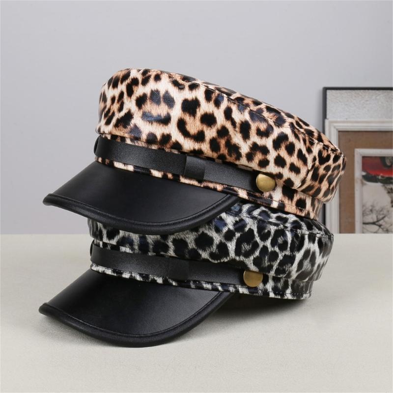 Breathable PU Leather Flat Cap Leopard Print Sun Protection For Men Women Outdoor Activities Riding Fashion Seamless Design