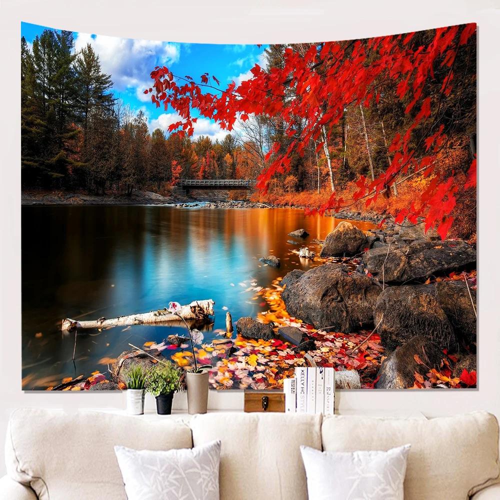 Autumn Scenery Tapestry Serene Lake Vibrant Fall Colors Perfect for Cozy Home Decor Large Wall Hanging Art
