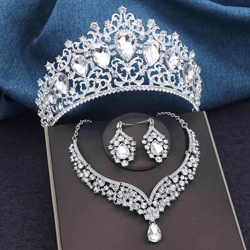 Gorgeous Blue Crown and Necklace Earrings Sets for Brides Prom Large Tiaras Princess Diadem Bridal Dubai Jewelry Set Wedding