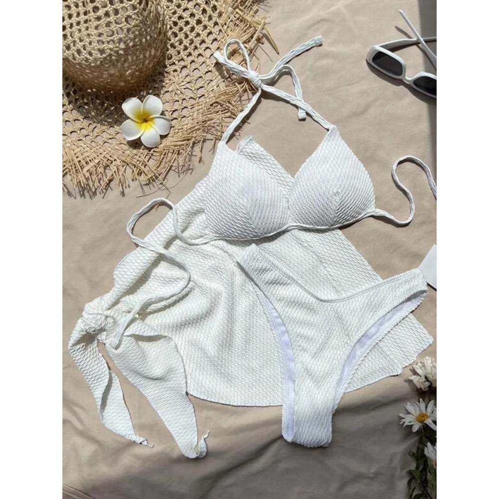 With Beach Sarong Bra Cup Wrinkled Bikini Female Swimsuit Women Swimwear Three-pieces Bikini Set Push Up Bathing Suit Swim Lady