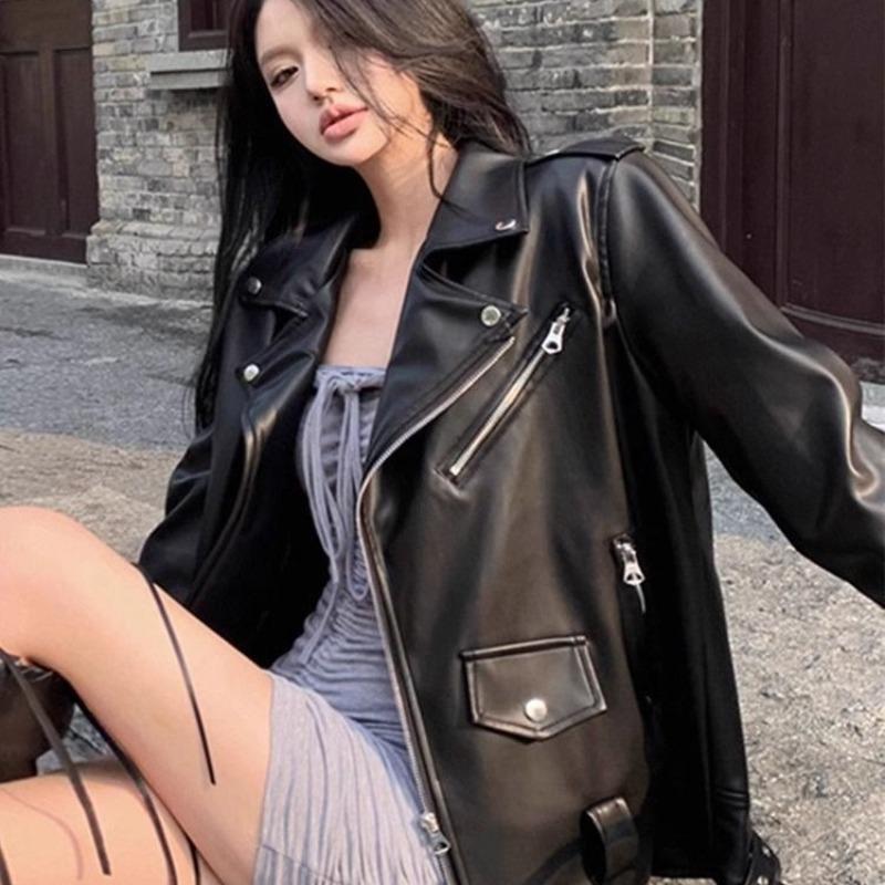 Black Suit Collar, Leather Jacket, Women's Niche Design Sense, Wear Ruffian Handsome Motorcycle Jacket, Trendy Top