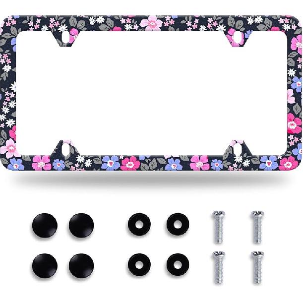 Stitching Tile Boho Pattern License Plate Frame Stainless Steel Parts Colorful License Plate Decorative With Screws Size 12.3" X 6.3" Women