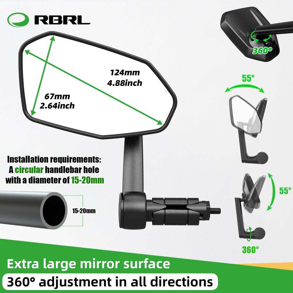 RBRL Bicycle Rearview Extra Durable Rearview Adjustable Mirror for Electric Bicycles Mirror, Large, Non-Obstructive, Mirror, 360° (Left-Aligned)