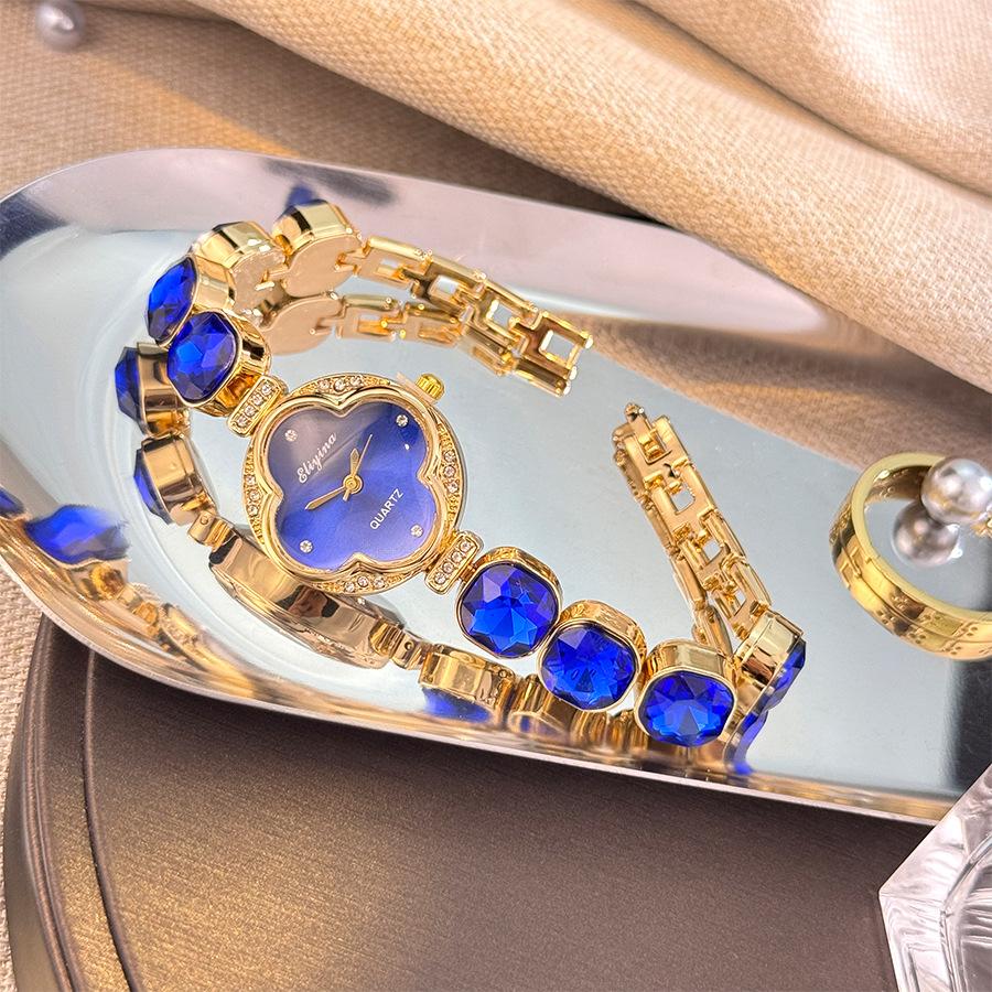 Βραχιόλι Premium με πολύτιμους λίθους και διαμάντια, Τετράφυλλο τριφύλλι, Ζωντανή μετάδοση, Ρολόι γυναικείο, Χαλαζίας