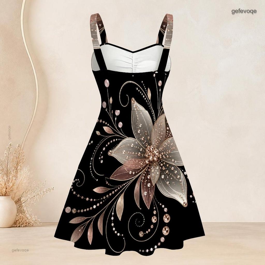 Women Plus Size Strappy Off Shoulder Dress Square Neck Sleeveless Geometric Star Print Flared Hem