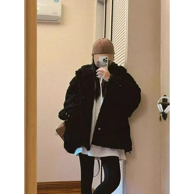 Black Imitation Lamb Wool Hooded Environmental Protection Fur Women's Winter Thick Fur One-piece Fur Coat Cardigan Top Women