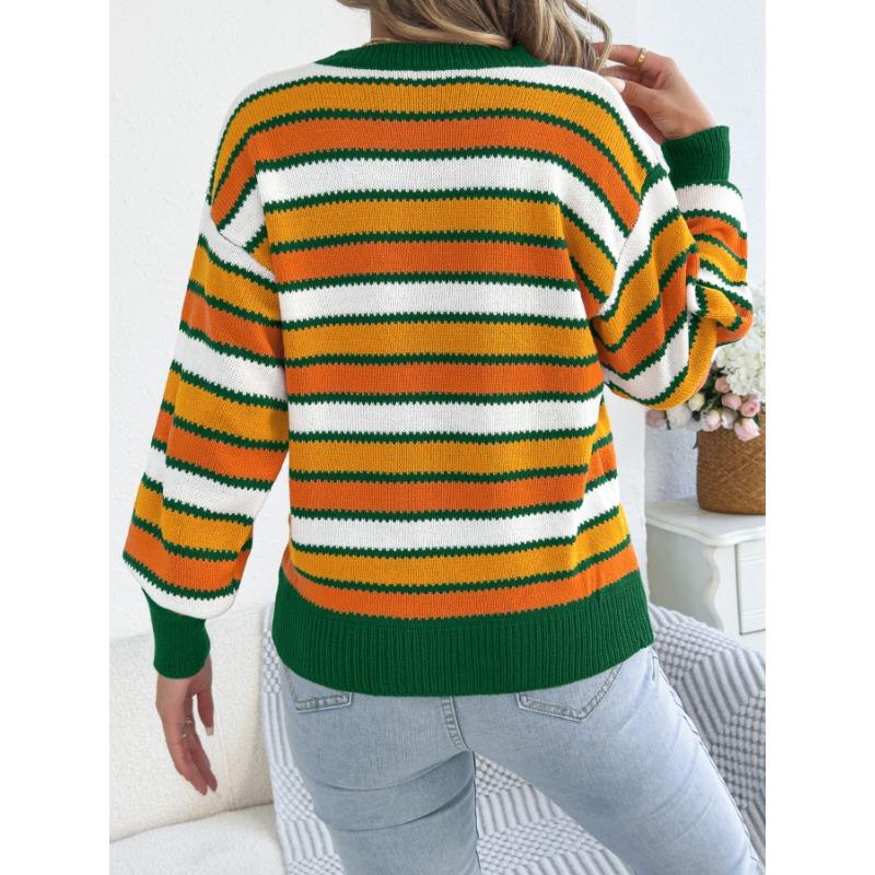 Maglione da Donna Casual a Blocchi di Colore con Strisce, Maniche a Lanterna, Girocollo, Vestibilità Larga