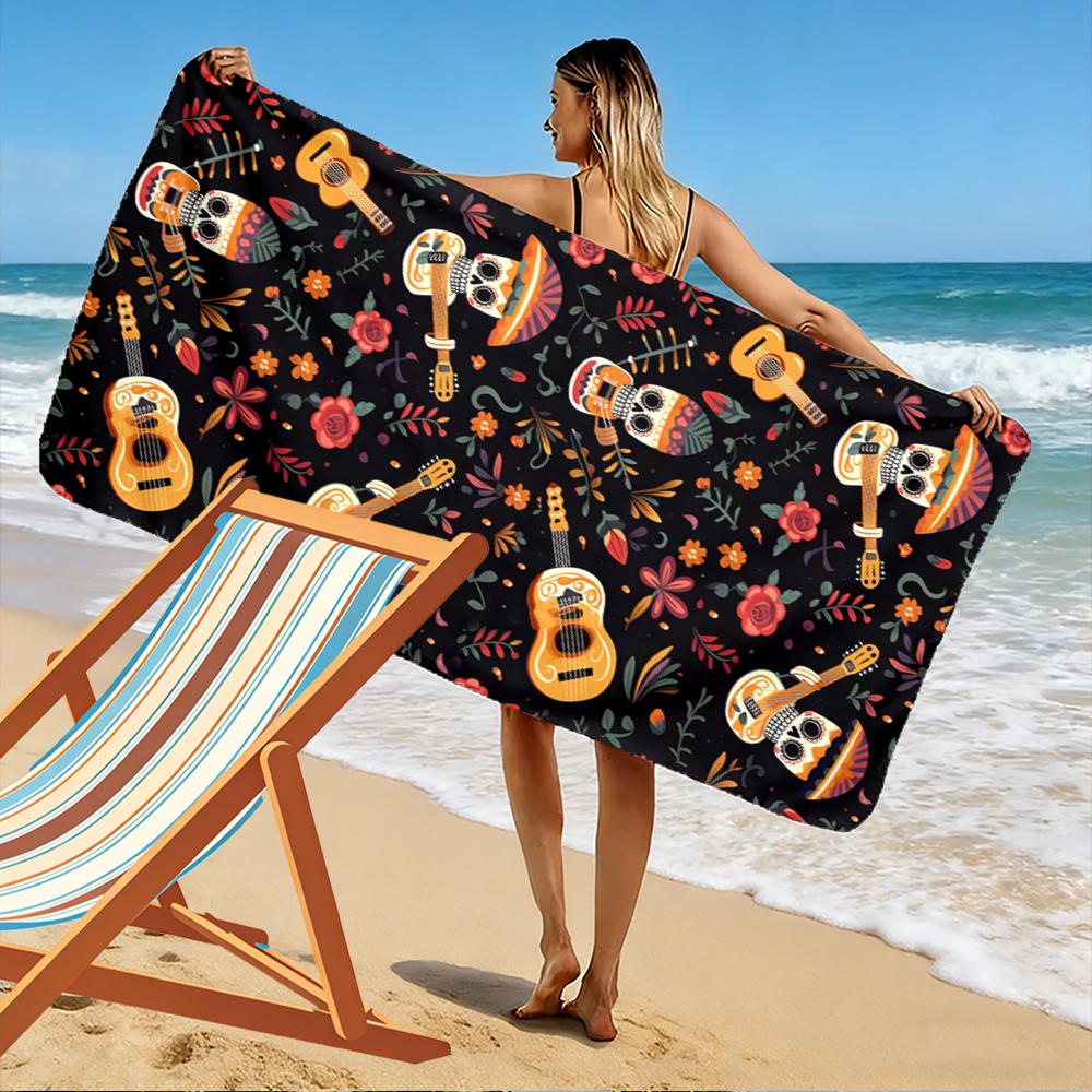 Tag der Toten Schädel Gitarre Blumendekor Strandtuch schnelltrocknend für Reisen Outdoor-Sport Joggen Strand und Schwimmen