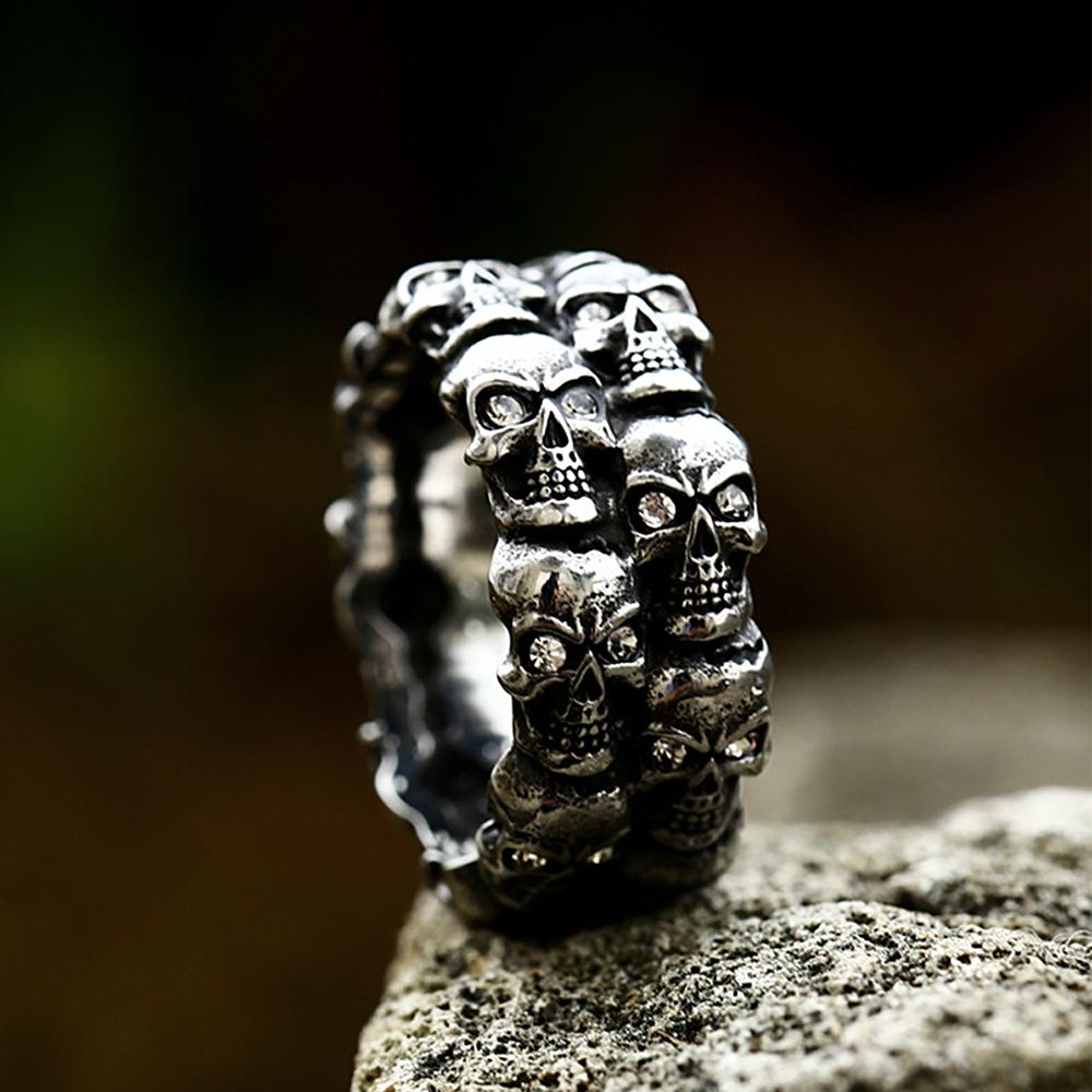 Vintage Punk Crystal Stone Skull Ring for Men Hiphop Rock Locomotive Stainless Steel Rings Party Jewelry Creative Gift Wholesale