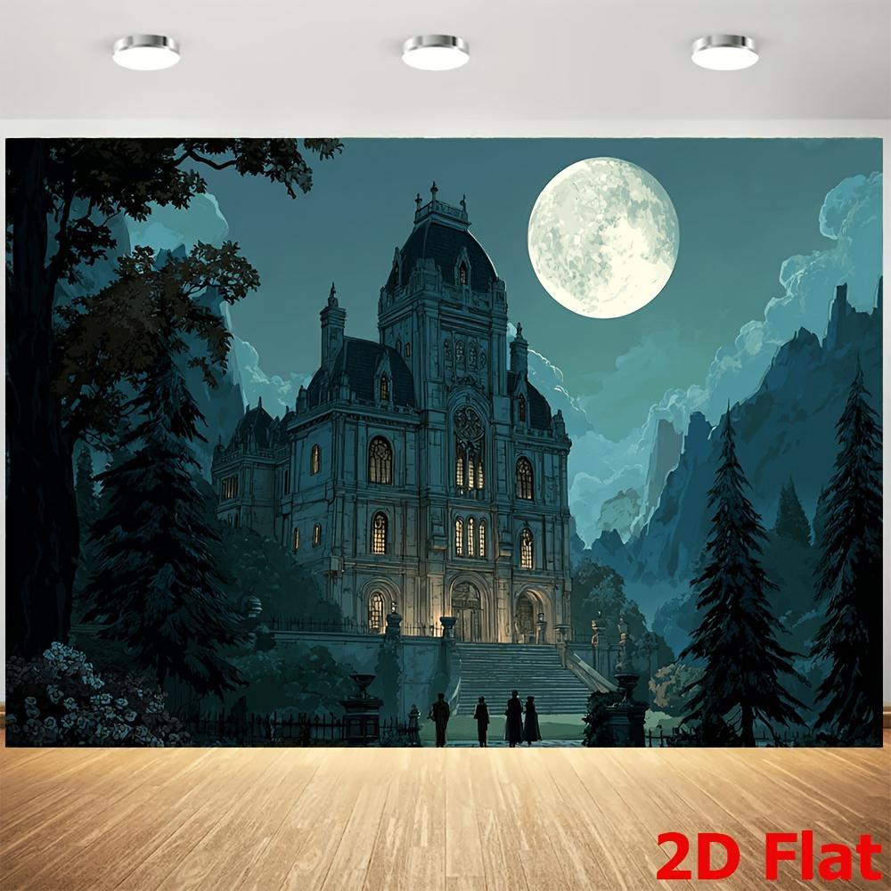 Gothic mansion night scene backdrop fabric, Halloween decorations, mysterious scenery, detailed artworks