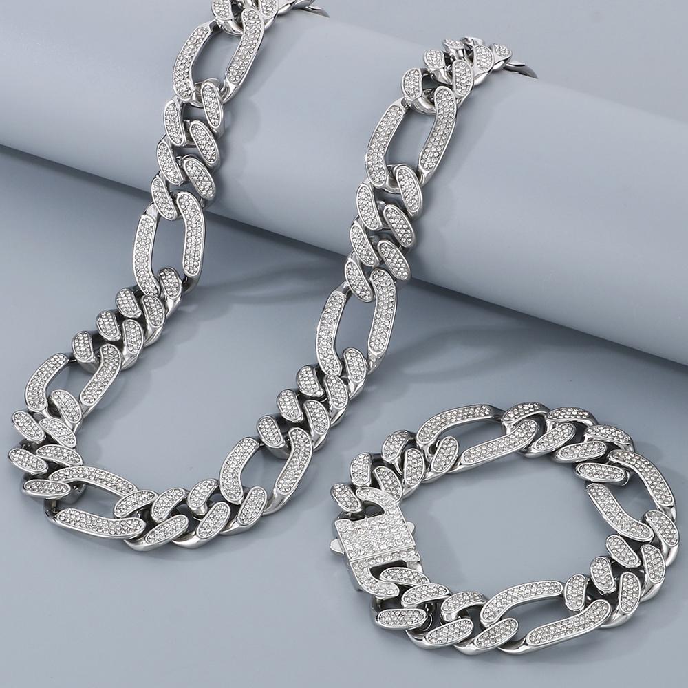 Hip-Hop Jewelry CZ Cuban Chain Man Bracelet Necklace Set Luxury Gold Color 60CM Long Stainless Steel Men's Necklace & Bracelets