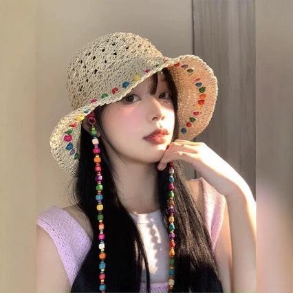 Colorful Wooden Bead Grass Hat With Summer Hollowed Out Large Brim For Sun Protection And Foldable Fisherman Hat