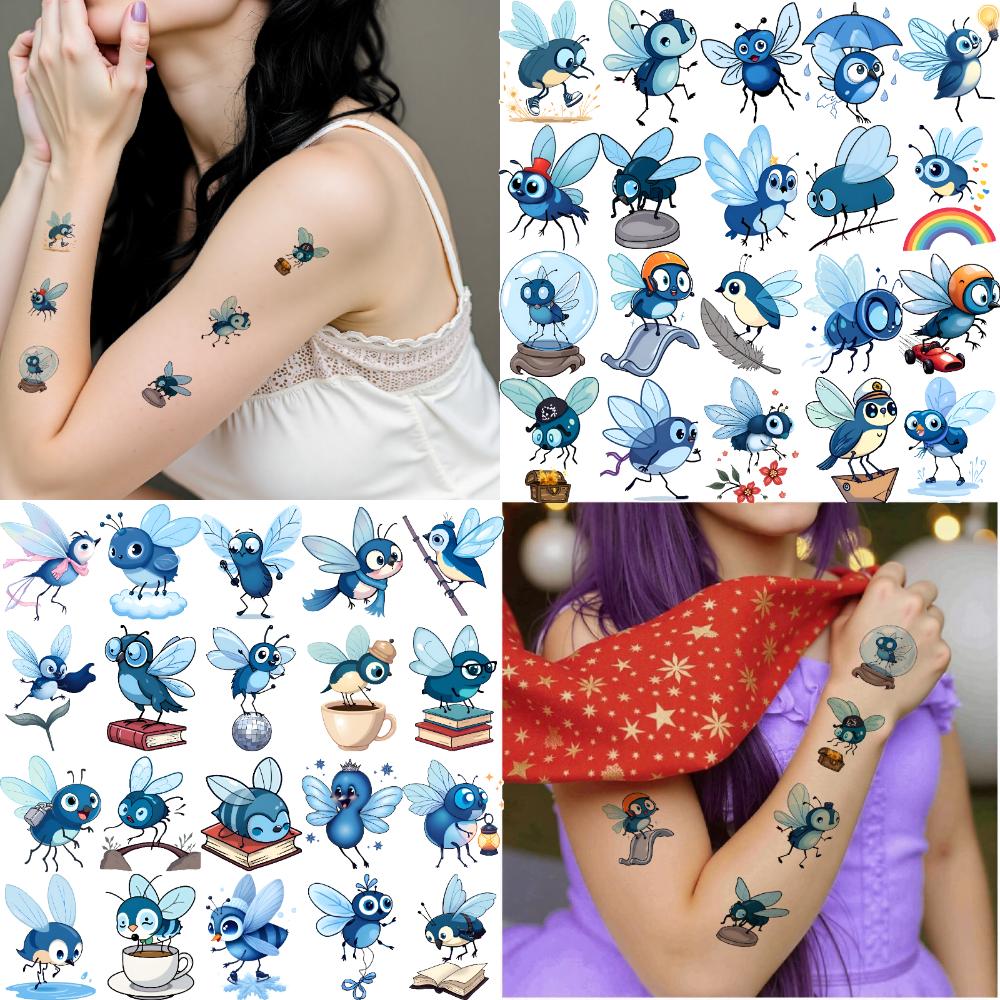 54pcs Temporary Tattoo Blue Cartoon Flies Temporary Tattoo Stickers Cute Illustrated Bees Cartoon For Cheeks