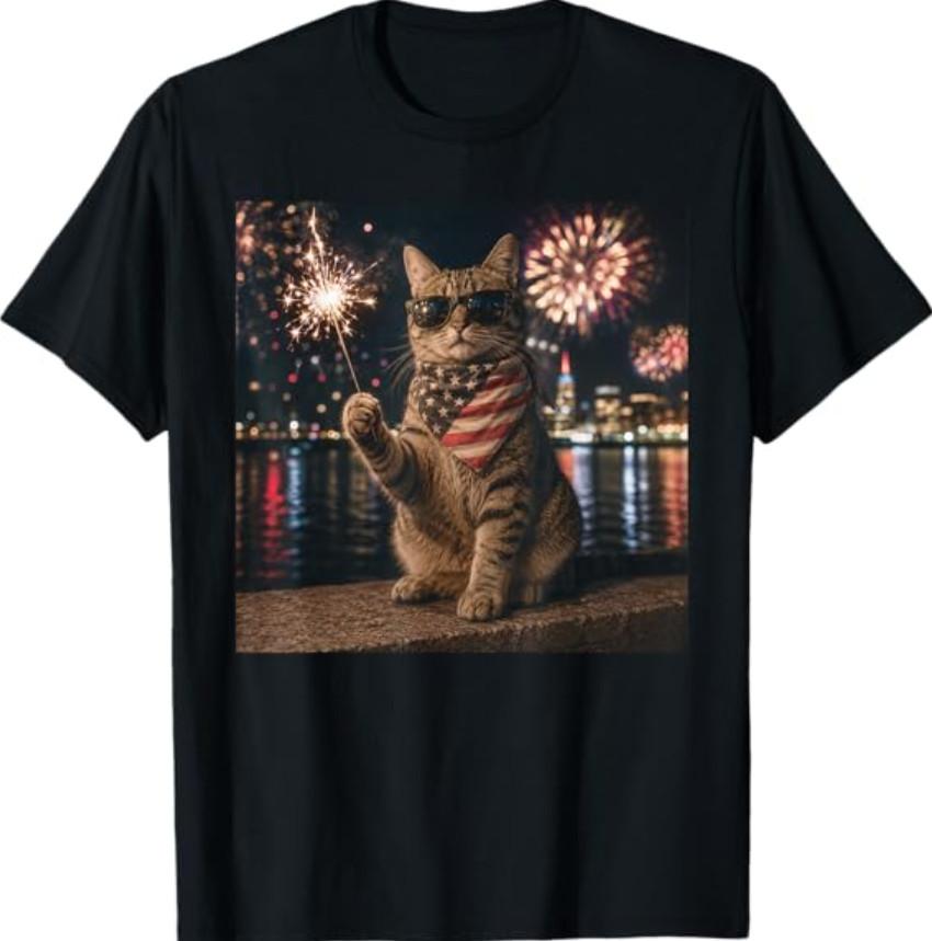 Funny Cat Fireworks Meme Patriotic 4th of July Cat Lovers T-Shirt M