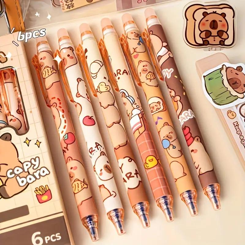 6 Cute Capybara Erasable Pens 0.5mm Fine Tip, Quick-Dry Ink, Retractable Rollerball w/ Eraser, Yellow-Brown, Office & School