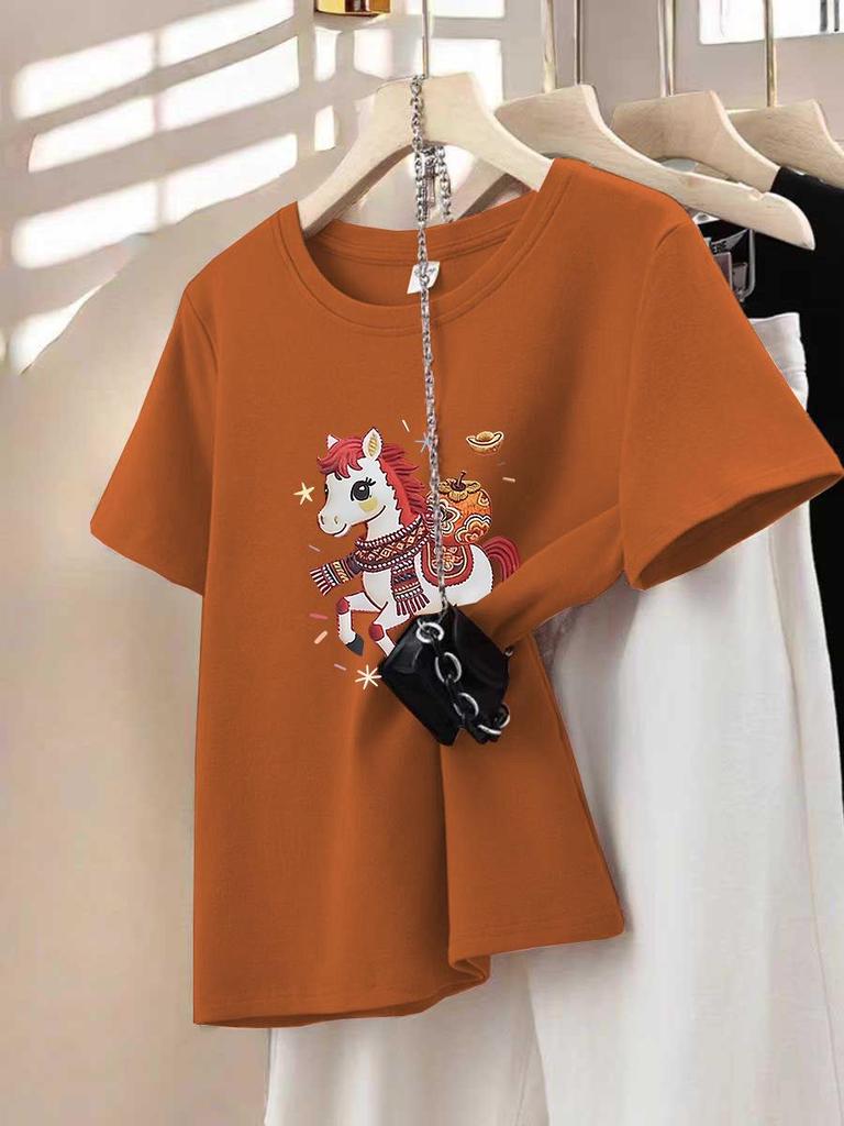 Crimson Year of the Rat Lucky Color Women's Thickened Round Neck Short Sleeve T-Shirt for Spring and Autumn