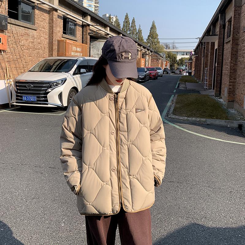 

Зимняя студенческая ромбовидная пуховая хлопковая куртка женская 2025 новая осенне-зимняя куртка, корейская нишевая стеганая хлопковая куртка, стеганая куртка XXL хаки
