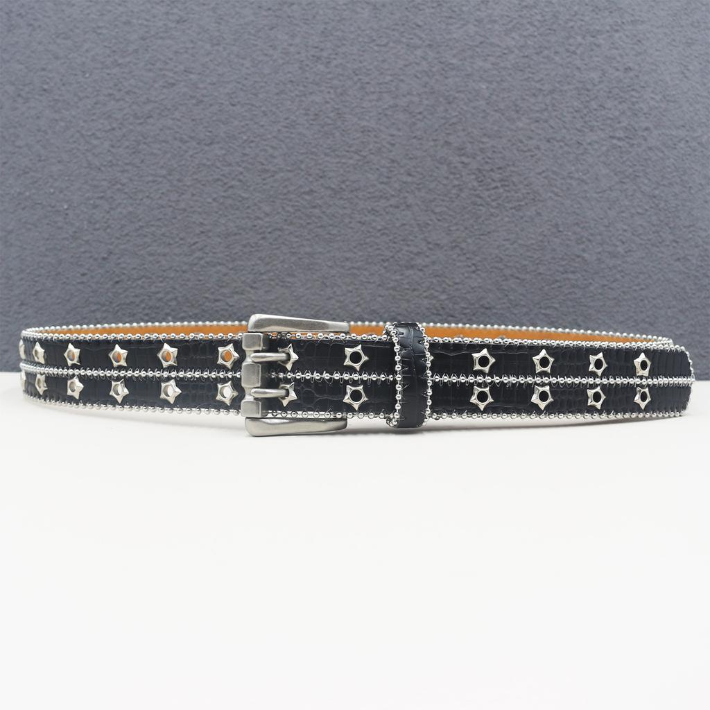 Double Pin Buckle Men's Heavy Industry Rivet Hollow Star Rivet Punk Style Personalized Rock Men and Women Belt Hip Hop American Trousers
