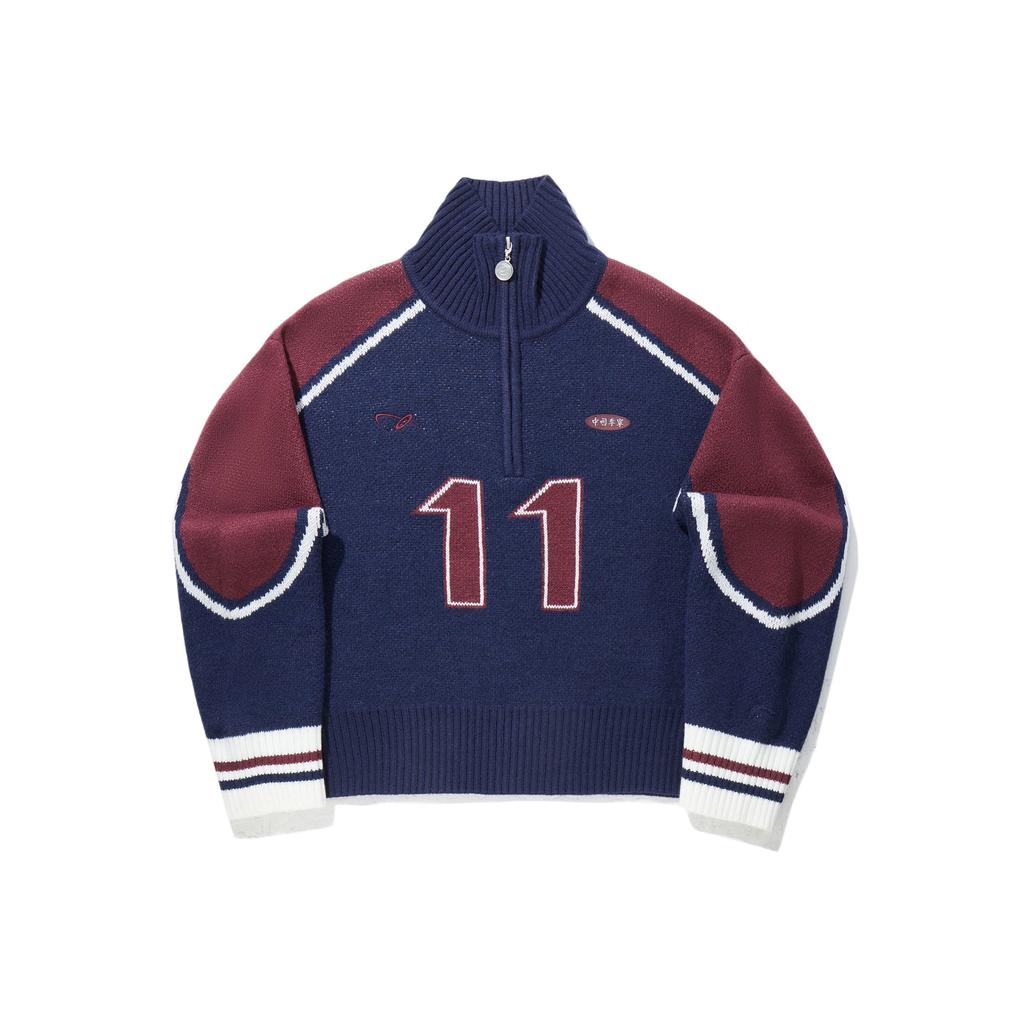 Li Ning Trendy Sports Series Color Block Number Stand Collar Versatile Loose Long Sleeve Knit Sweater Women Sweater AMBV442-3