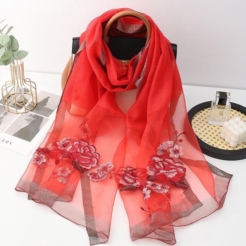 Four Season Silk Wool Scarf Women Hijab Pashmina Shawls Wrap Bandana Blanket Floral Pashmina Embroidery Scarves Foulard Femme
