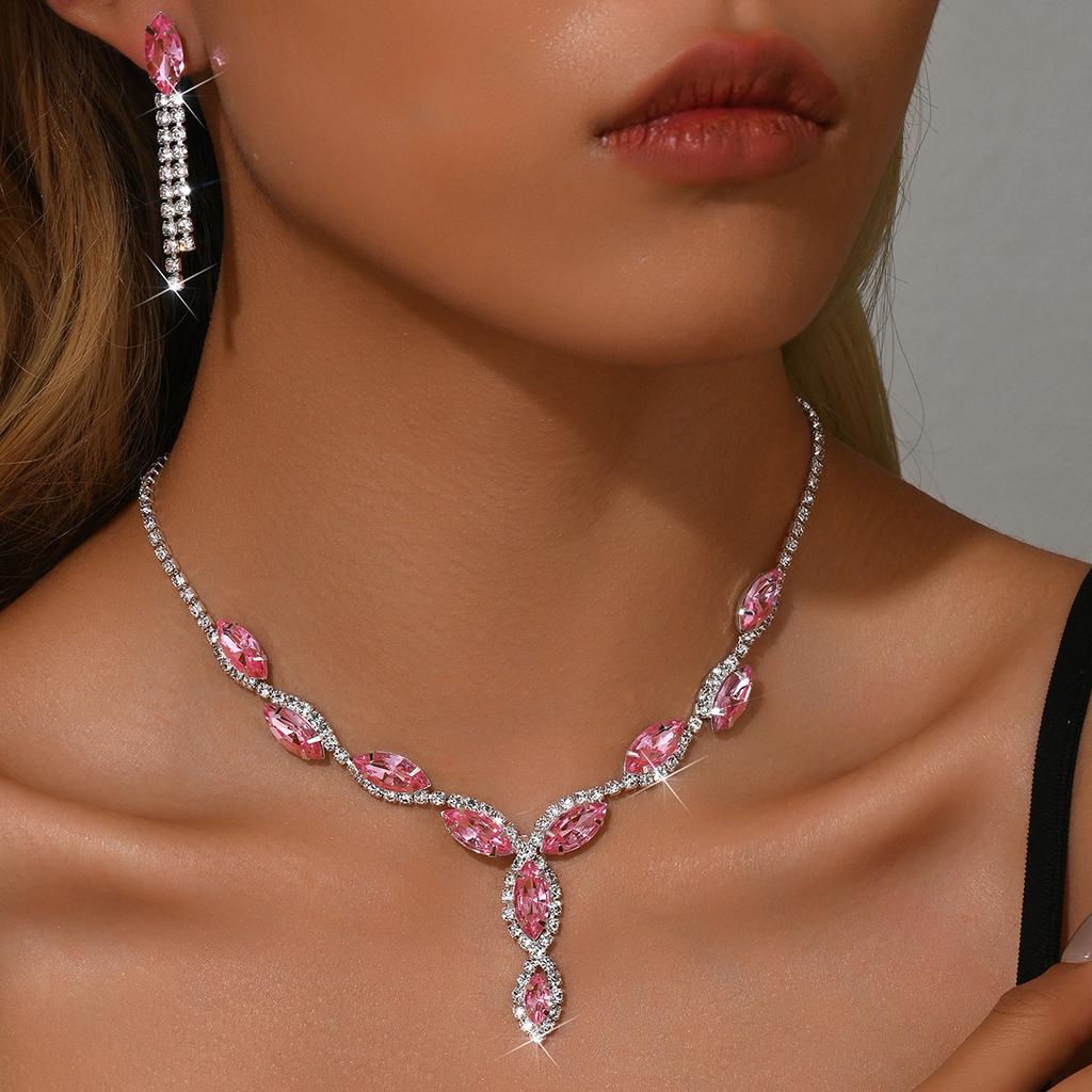 Ladies Light Luxury Shines Oblong Crystal Necklace & Ear Drop Jewelry Set