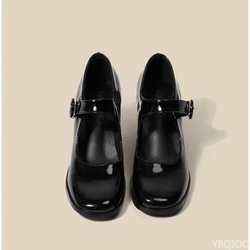 Fashion Thick Heeled Square Toe Women's Shoes Black High Heels with a Single Button Thick Heels Simple Versatile Comfortable Single Shoe