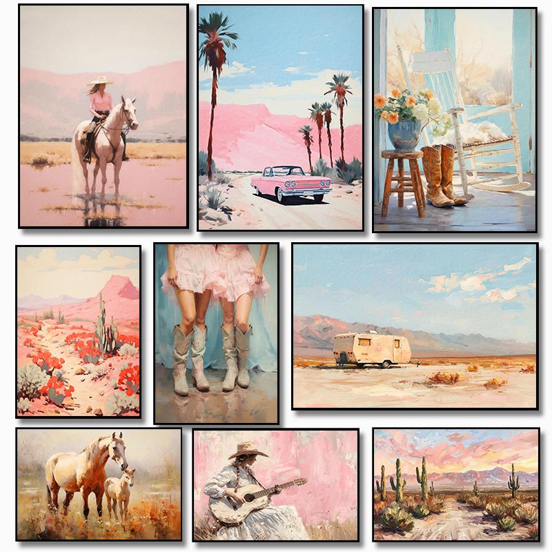 Boho Pustynny Kwiatowy Country Western Kowbojski Moda Różowy Artystyczny Retro Plakat Obrazy na Płótnie Sztuka Ścienna Obrazy Dekoracja Domu