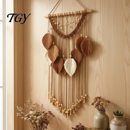 Textured Wall Art for Bedroom Hanging Tapestry, Boho Leaf Decor, Large Tapestry with Wood Beads, Handmade Soft Natural Woven Art, Farmhouse
