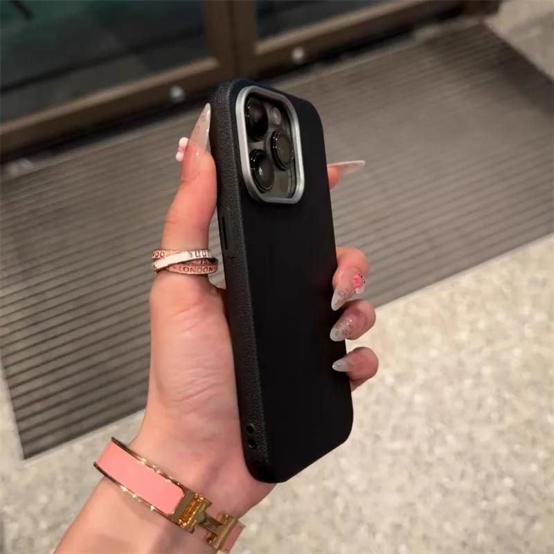 Custodia per telefono in pelle opaca di lusso per iPhone 16 15 14 Plus 13 12 11 Pro Max XS Max XR Protezione dell'obiettivo Custodia in silicone antiurto