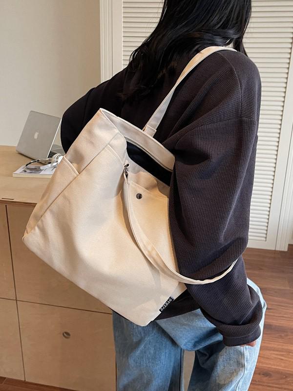 Korean Style Large Capacity Canvas Tote Bag - Lightweight, Solid Color, Shoulder Handbag with Print Logo