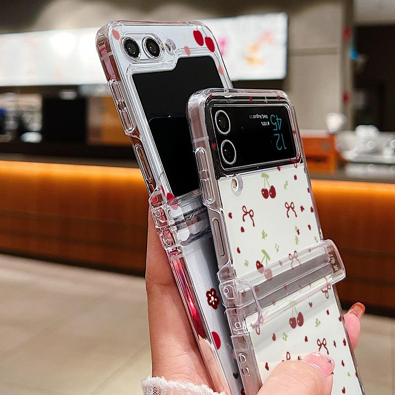 For Samsung Galaxy Z Flip6 Flip5 Flip4 Flip3 3PCS Folding Bowknot Cherry Pattern Transparent Hard Plastic Slim Phone Case Cover