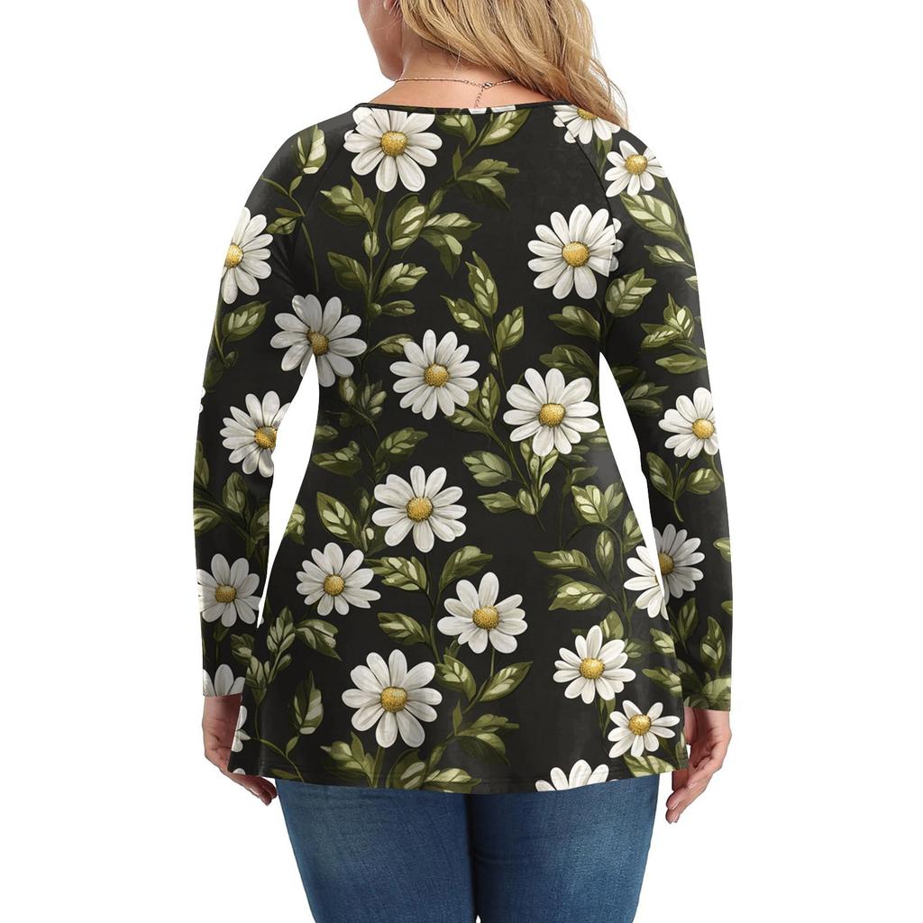 Cămașă de damă plus size cu mânecă lungă, top cu imprimeu plisat casual cu gât în V